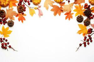 Autumn composition. Rowan berries, dried leaves, pumpkins, and flowers on white background. Autumn, fall, halloween, thanksgiving day concept. View from the top, with text space. Generative AI photo