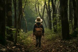 Mysterious fairy tale. The child goes along the path deep into the dense forest. photo