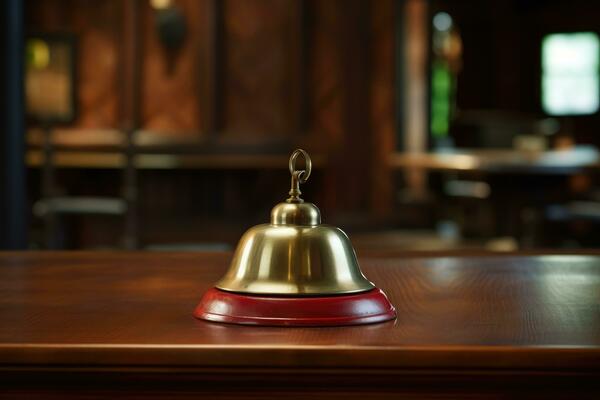 Hotel ring bell on counter desk at front reception.