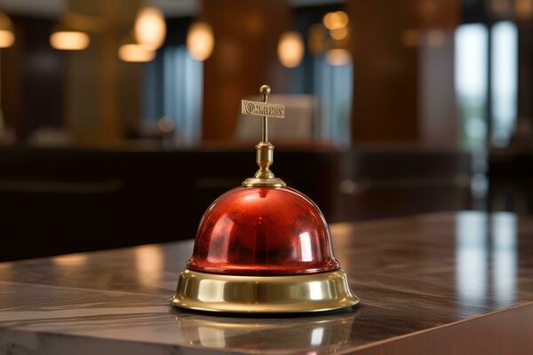 Hotel ring bell on counter desk at front reception.