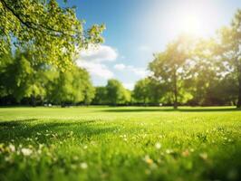 borroso antecedentes de primavera naturaleza con un bien recortado césped en contra un azul cielo y nubes en un brillante soleado día. generativo ai foto