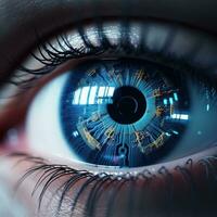 Perfect blue eye macro in a sterile environment and perfect vision in high resolution. The vision of the future and healthy life concept. Generative AI photo