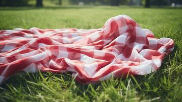 Red and white plaid picnic blanket on top of a green field in sunny day on grass of lawn in summer park. Blurred Background. Generative AI photo