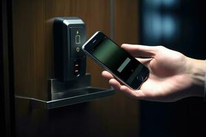 Hotel door security unlocking by application on mobile phone. photo