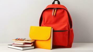 School bag and textbooks in front of a white background. Back to school concept. photo