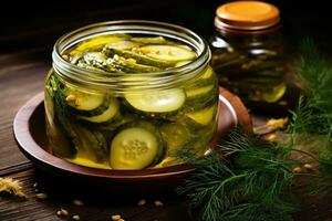 Homemade fermented pickled cucumbers in a jar. photo