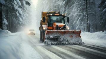 invierno nieve eliminación en el la carretera con un excavador generativo ai foto