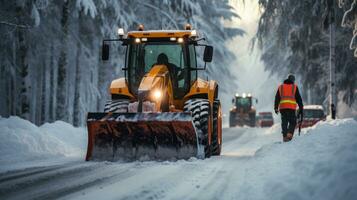 invierno nieve eliminación en el la carretera con un excavador generativo ai foto