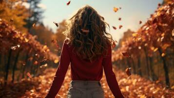 girl joy on a warm autumn day in golden foliage generative ai photo