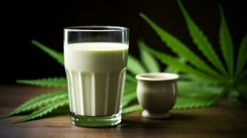 cannabis milk in glass and green leaf generative ai photo