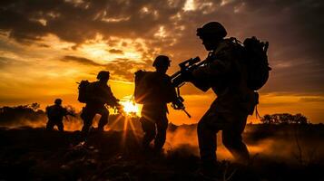 militar soldados tormenta enemigo posiciones en puesta de sol antecedentes generativo ai foto