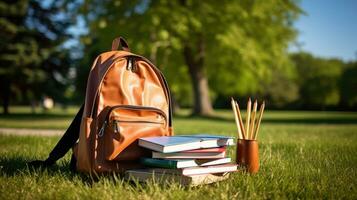 colegio mochila en el parque. foto