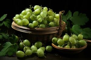 Sweet green gooseberries in basket photo