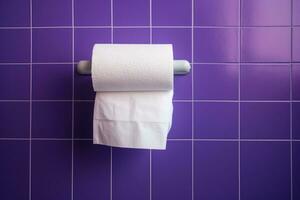 A white roll of soft toilet paper neatly hanging on a modern chrome holder. photo