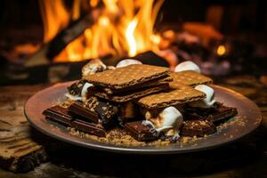 Homemade marshmallow s'mores with chocolate on crackers. Generative AI photo