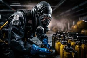 químico especialista vestir la seguridad uniforme y gas máscara inspeccionando químico fuga en industria fábrica foto