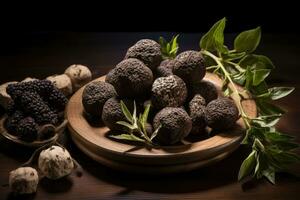 Black truffles with wooden plate on table photo