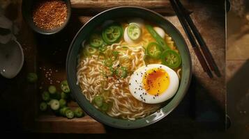 ramen en un cuenco parte superior vista. ramen sopa con huevo y verde cebollas. generativo ai foto