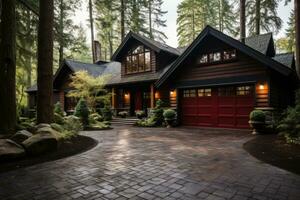 Garage door with a driveway in front. photo