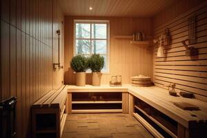 Front view of empty Finnish sauna room. Modern interior of wooden spa cabin with dry steam. photo