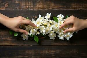 Garland of jasmine, flowers beautifully crafted, popular in South India as an ornament for girls and women. photo