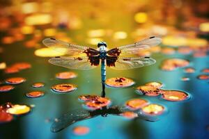 un libélula flotando terminado un magnífico lago foto