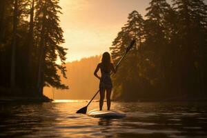 Girl engages in stand-up paddleboarding on a serene varnish photo