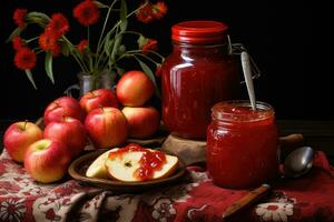 Apple jam with fresh fruit. Generative AI photo