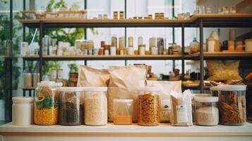 Background of interior in zero waste shop. Products in plastic free grocery store. photo