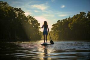 Girl engages in stand-up paddleboarding on a serene varnish photo