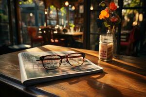 Magazines on table with eyeglasses. photo