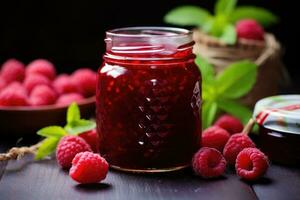 Raspberry jam with fresh raspberries and green leaves. photo