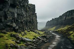 Misty road in mountains photo