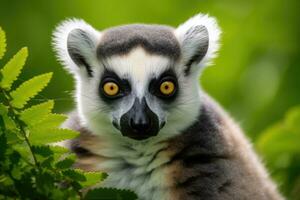 Portrait of a lemur against the background of green nature. Generative AI photo