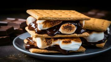 Homemade marshmallow s'mores with chocolate on crackers. photo