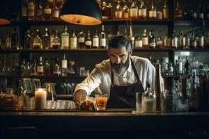 barman trabajando a mostrador en bar espacio. foto