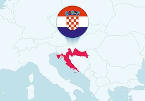Europe with selected Croatia map and Croatia flag icon. vector