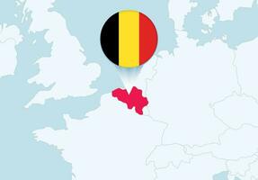 Europa con seleccionado Bélgica mapa y Bélgica bandera icono. vector