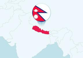 Asia con seleccionado Nepal mapa y Nepal bandera icono. vector