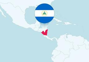 America with selected Nicaragua map and Nicaragua flag icon. vector