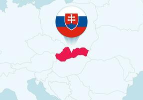 Europa con seleccionado Eslovaquia mapa y Eslovaquia bandera icono. vector