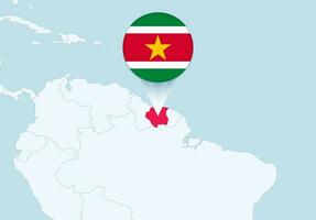 America con seleccionado Surinam mapa y Surinam bandera icono. vector