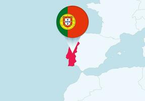 Europa con seleccionado Portugal mapa y Portugal bandera icono. vector