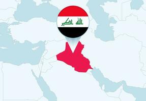 Asia with selected Iraq map and Iraq flag icon. vector