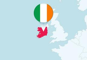 Europa con seleccionado Irlanda mapa y Irlanda bandera icono. vector