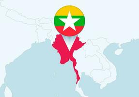 Asia con seleccionado myanmar mapa y myanmar bandera icono. vector