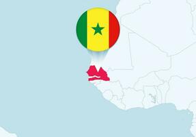 África con seleccionado Senegal mapa y Senegal bandera icono. vector