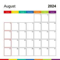 August 2024 colorful wall calendar, week starts on Sunday. vector