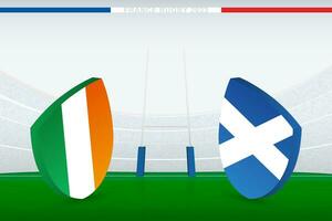 Match between Ireland and Scotland, illustration of rugby flag icon on rugby stadium. vector