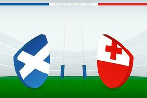 Match between Scotland and Tonga, illustration of rugby flag icon on rugby stadium. vector